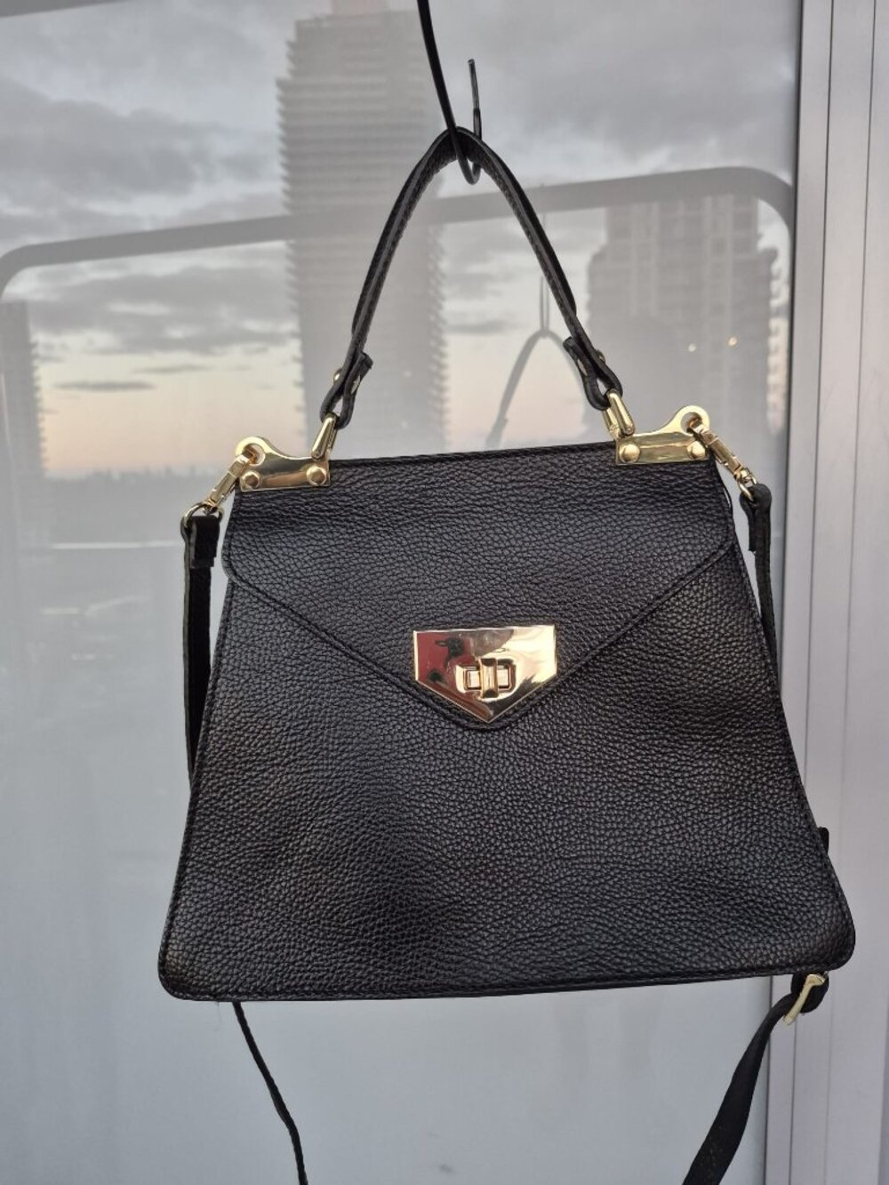 Black Genuine Leather Structured Satchel Crossbody Bag Gold Hardware